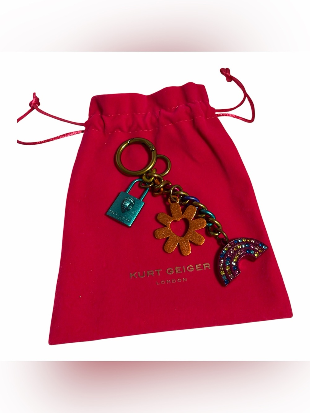 Kurt Geiger London Keychain Rainbow Lock Flower Charm - NWOT **
